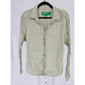 United Colors of Benetton Mens Sz M Long Sleeve Pure Linen Dress Shirt Green